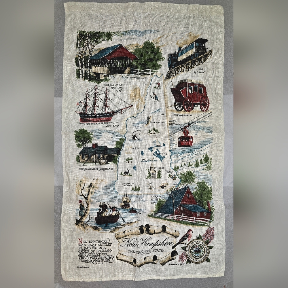 Vintage New England Map Linen Tea Towel Wooven